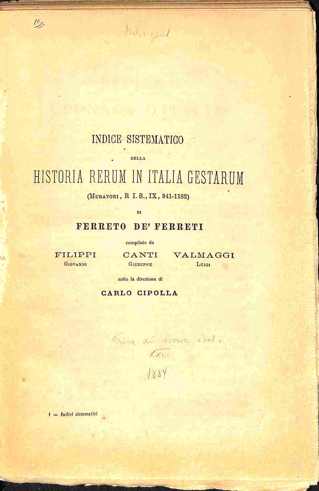 Indice sistematico della Historia rerum in Italia gestarum (Muratori, R.I.S., 9, 941-1182) di Ferreto de' Ferreti